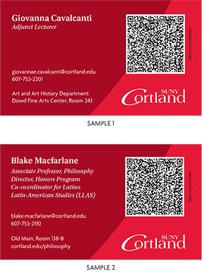 Two business card with SUNY Cortland logo and red background colors, name, titles, email address, phone number, local address, web URL and a QR code above the logo.